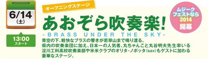 【6月14日（土）】あおぞら吹奏楽 青空の下、軽快なブラスの響きが若草山まで鳴り渡る。県内の吹奏楽に加え、日本一の人気者、丸ちゃんこと丸谷明夫先生率いる淀川工科高校吹奏楽部や米米クラブのオリタ・ノボッタ（sax）もゲストに加わる豪華なステージ