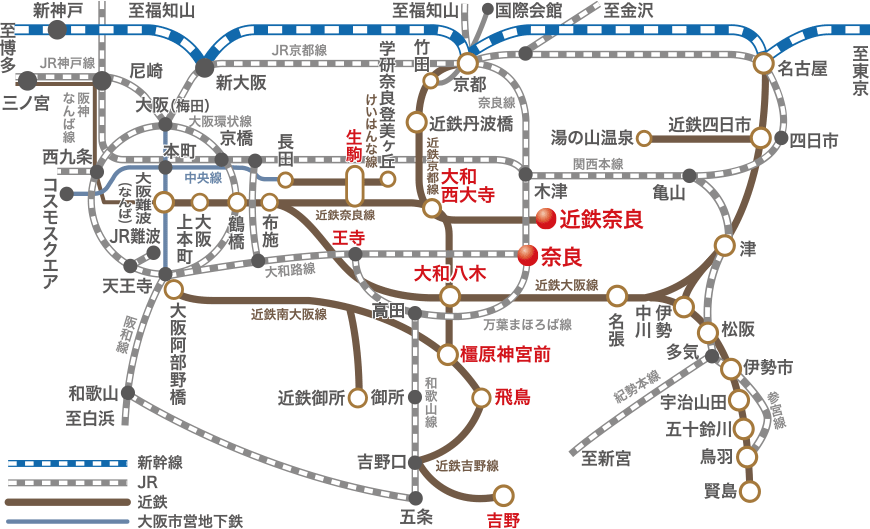 奈良へのアクセスのための路線図です。