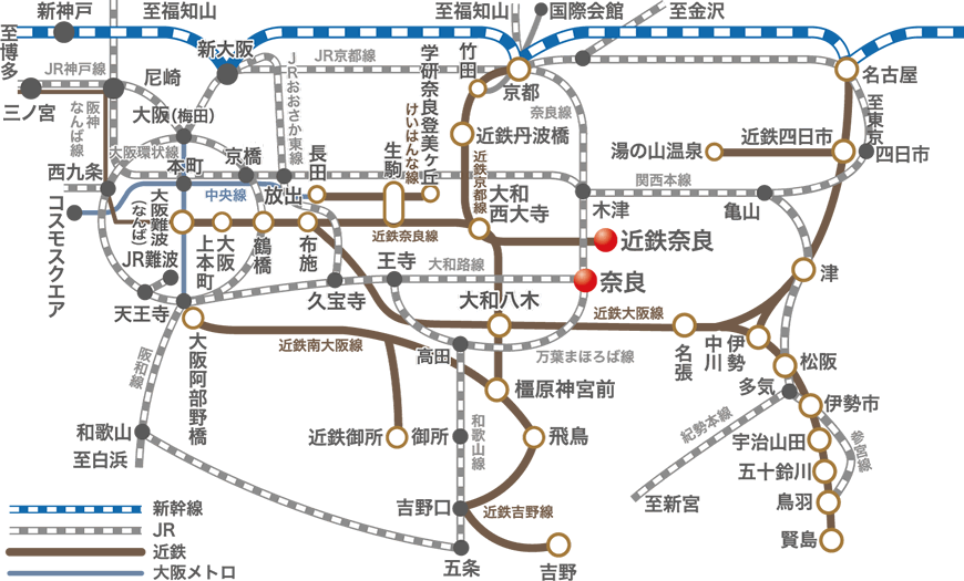 奈良へのアクセスのための路線図です。