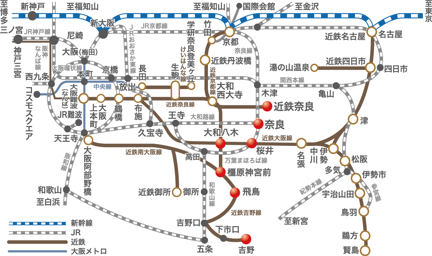 奈良へのアクセスのための路線図です。